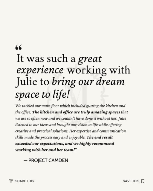 I honestly don’t expect clients to remember every design detail years later. I hope they remember how the whole experience felt.
⠀⠀⠀⠀⠀⠀⠀⠀⠀
Did they feel heard? Did they feel comfortable asking questions? Did they feel like someone was looking out for them when unexpected things came up?
⠀⠀⠀⠀⠀⠀⠀⠀⠀
So reading that our Camden clients found the process easy and enjoyable is something I don’t take for granted. Creating beautiful homes is important, but helping people feel confident and supported throughout the journey matters just as much to me.
⠀⠀⠀⠀⠀⠀⠀⠀⠀
If you’re ready to renovate without all the overwhelm, I’d love to hear from you. Get in touch via the link in bio.
⠀⠀⠀⠀⠀⠀⠀⠀⠀
📍Toronto Interior Designer
#torontointeriordesigner #homerenovation #mcnicolinteriordesigns