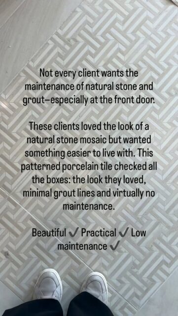 When stone maintenance feels overwhelming but you love the look, porcelain can step in and save the day! 

These patterned tile is 12” x 24” in size, so there is very little grout to worry about in this entry hall. 

#mcnicolinteriordesigns #tile #flooring #porcelain #idcvideo